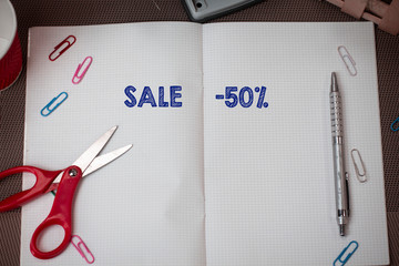 Conceptual hand writing showing Sale 50 Percent. Concept meaning A promo price of an item at 50...