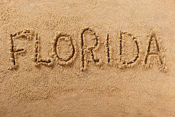 Florida word written in sand sign writing drawing drawn on a sunny summer beach holiday vacation travel destination message photo