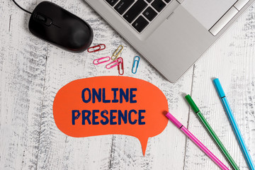 Text sign showing Online Presence. Business photo showcasing existence of someone that can be found via an online search Metallic slim laptop speech bubble colored clips pens mouse wooden vintage