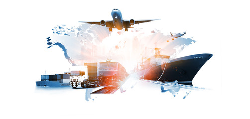 The world logistics , there are world map with logistic network distribution on background and...