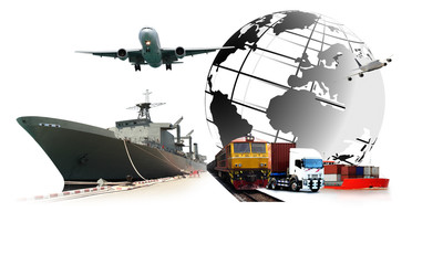 Obraz na płótnie Canvas The world logistics , there are world map with logistic network distribution on background and Logistics Industrial Container Cargo freight ship for Concept of fast or instant shipping