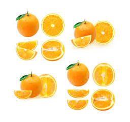 Isolated oranges. Collection of whole and sliced orange fruits
