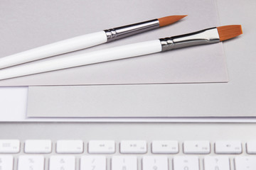 watercolor brush white silver working flatlay artist minimalistic light grey