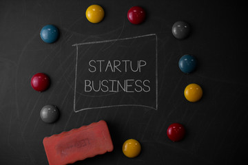 Text sign showing Startup Business. Business photo text Engaging to a New Venture Fresh Trading and Selling Round Flat shape stones with one eraser stick to old chalk black board