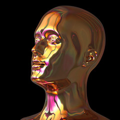 3d illustration of iron man head stylized metallic golden polished