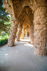 BARCELONA, SPAIN - April, 2019: Stone walkway in the Park Guell in Barcelona, Spain.