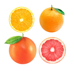 Isolated citrus. Pink grapefruit and orange fruits