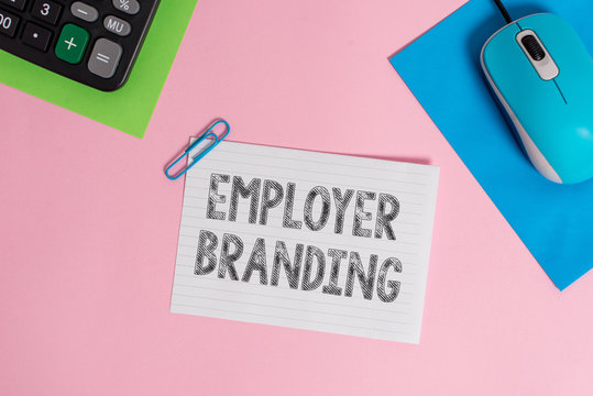 Conceptual hand writing showing Employer Branding. Concept meaning Process of promoting a company Building Reputation Wire electronic mouse calculator paper colored background
