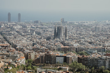 Fototapeta premium Barcelona, Spain - April, 2019: Panorama view of Barcelona on Bunkers del Carmel