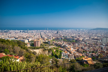 Barcelona, Spain - April, 2019: View of Barcelona city and costline in spring from the Bunkers in...