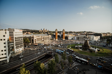 Obraz na płótnie Canvas BARCELONA - April. 2019: Aerial view of the Placa d'Espanya, also known as Plaza de Espana, one of Barcelona's most important squares, in Barcelona, Spain.