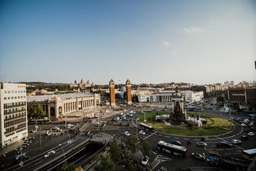 BARCELONA - April. 2019: Aerial view of the Placa d'Espanya, also known as Plaza de Espana, one of Barcelona's most important squares, in Barcelona, Spain.