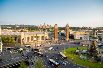 Naklejka premium BARCELONA - April. 2019: Aerial view of the Placa d'Espanya, also known as Plaza de Espana, one of Barcelona's most important squares, in Barcelona, Spain.