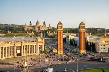 BARCELONA, spain- April. 2019: Aerial view of the Placa d'Espanya, also known as Plaza de Espana, one of Barcelona's most important squares, in Barcelona, Spain.