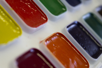 Multicolored watercolor paint in white box