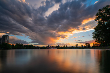 Denver skyline against a background of burning sky