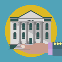 Bank in hand, investment and loan concept