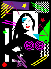 Fashion girl modeling, geometric  abstract background  vivid colors