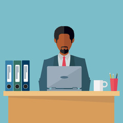 Ethnic black businessman working on laptop in office vector illustration