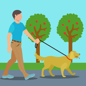 Man walking dog in park vector illustration