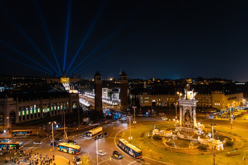 Barcelona, Spain - April, 2019: Night view of Plaza de Espana with Venetian towers. Barcelona