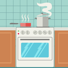 Pans on stove in kitchen, cooking vector illustration