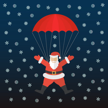 Santa coming down with parachute on a snowy night vector concept
