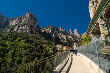 Montserrat, Spain - April, 2019: Santa Maria de Montserrat Abbey in Monistrol de Montserrat, Catalonia, Spain. Famous for the Virgin of Montserrat.