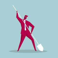 Businessman holding a shovel. Isolated on blue background.