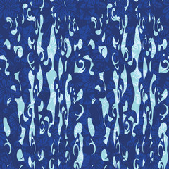 Abstract seamless pattern with warped, marbled shapes layered with floral texture in blue, indigo, aqua, green and white