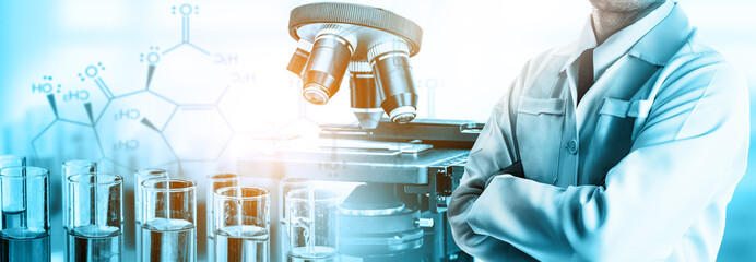 Research and development concept. Double exposure image of scientific and medical lab instrument, microscope, test tube and glass flask for microbiology and chemistry in laboratory for medicine study.