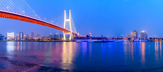 Shanghai Nanpu bridge and huangpu river scene at night,China