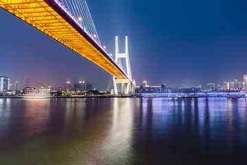 Papier Peint photo Pont de Nanpu Shanghai Nanpu bridge and huangpu river scene at night,China