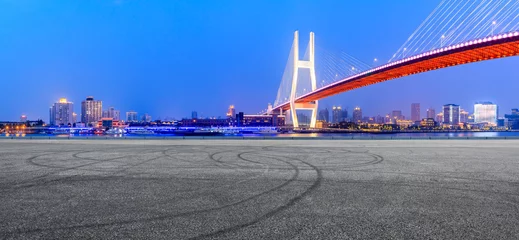 Papier Peint photo Pont de Nanpu Shanghai Nanpu bridge and asphalt road scenery at night,China
