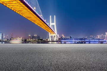 Papier Peint photo Lavable Pont de Nanpu Pont de Nanpu de Changhaï et paysage de route d& 39 asphalte la nuit, Chine
