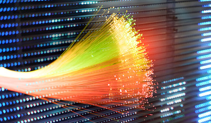 optical fibres dinamic flying from deep on technology background