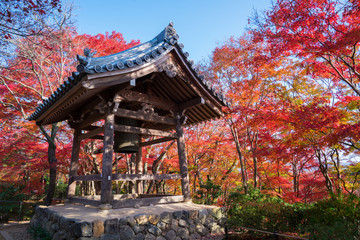 京都　常寂光寺の鐘楼と紅葉　　