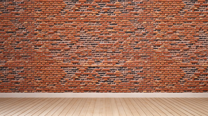Orange brick wall and wood floor decorate in empty room for artwork. Brick wall space for add message or artwork design. 3D Rendering