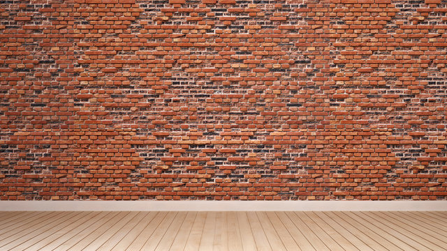 Orange brick wall and wood floor decorate in empty room for artwork. Brick wall space for add message or artwork design. 3D Rendering