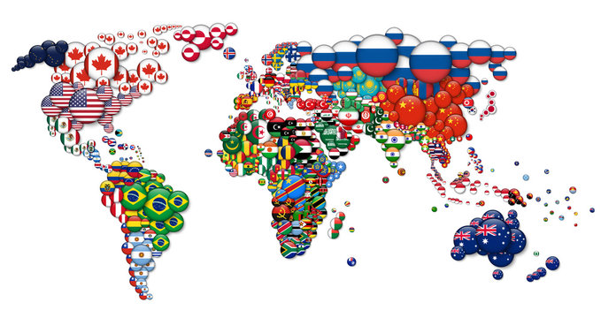 World map and all national circle country flags . 3D design . Creative concept . Vector
