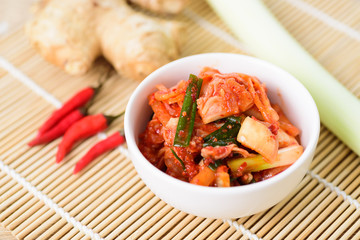 Kimchi cabbage in a bowl and ingredient, Korean food
