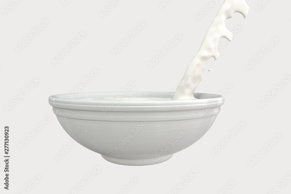 Poster A bowl of milk and splashing liquid, 3d rendering.