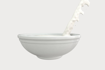A bowl of milk and splashing liquid, 3d rendering.