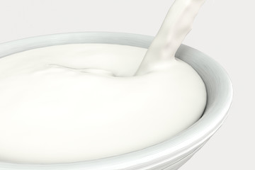 A bowl of milk and splashing liquid, 3d rendering.
