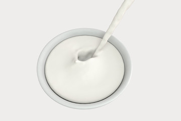 A bowl of milk and splashing liquid, 3d rendering.