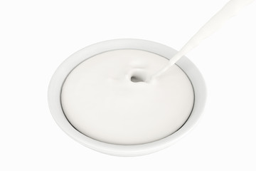 A bowl of milk and splashing liquid, 3d rendering.