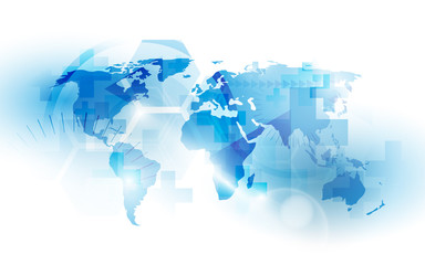World countries map with health and medicine concept. Abstract blue and white technology background