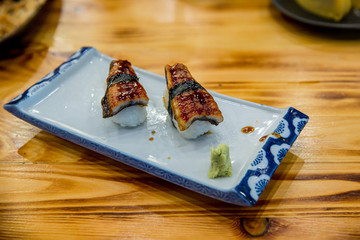 sushi freshwater eel grilled. Japanese food for healthy. unagi sushi, premium sushi menu. image for background,wallpaper, copy space and menu list.