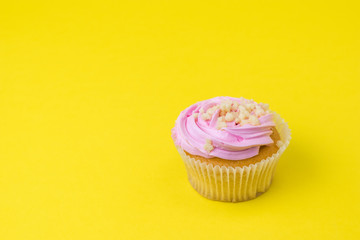 Cupcake decorated with berry cream on a yellow background.