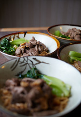 The bake liver on noodle serving in the bowl